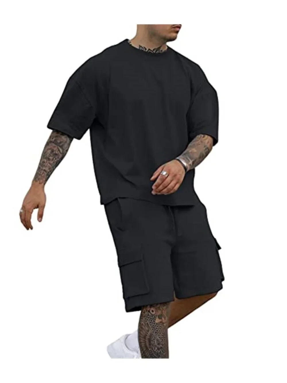 Men's 2 Piece Outfit Tracksuit Cargo Short Summer Drop Shoulder Sleeve Set